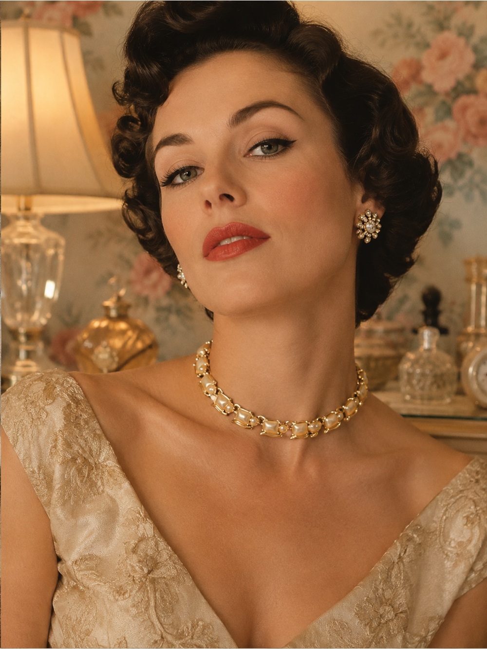 Vintage Faux Pillow Pearl Gold Tone Necklace Mid Century